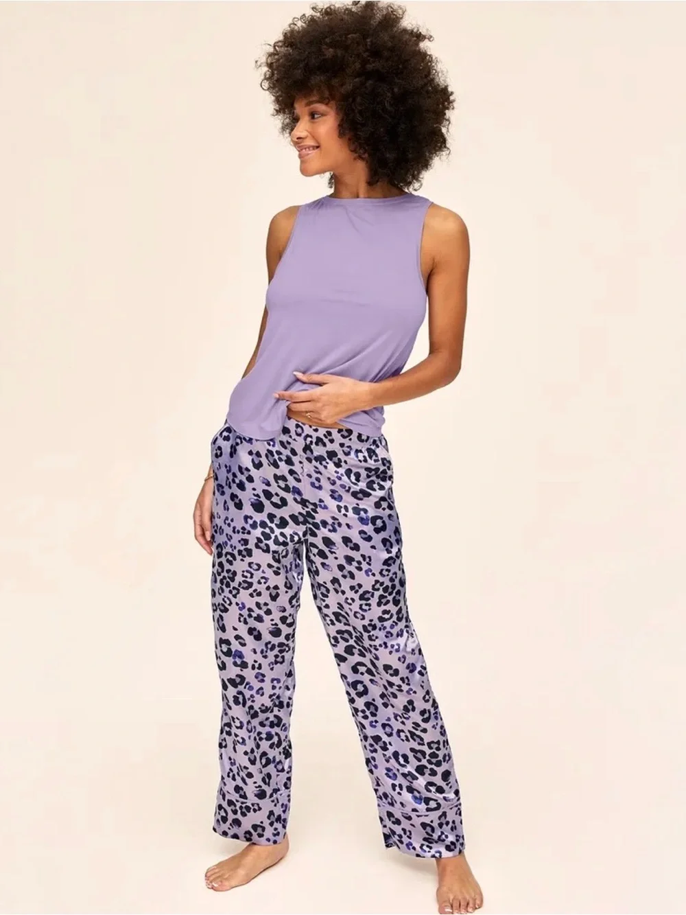 Lavender Sleeveless Top & Leopard Pajama Pants Set